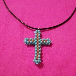 Handmade Beaded Cross Necklace  Turquoise And Orange